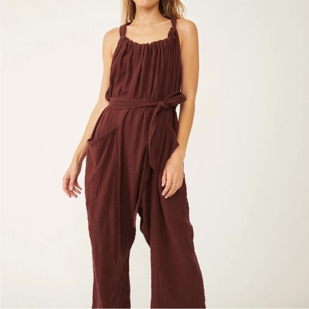 Free People Henriette Sleeveless Belted Jumpsuit in Chocolate